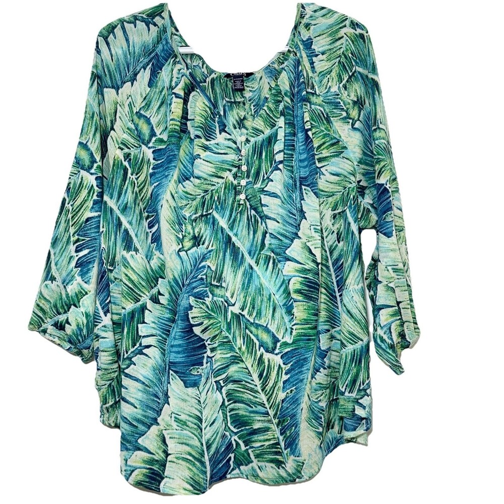 Chaps Denim Tropical Leaf Print Peasant Blouse 2X Green Blue Cotton Top